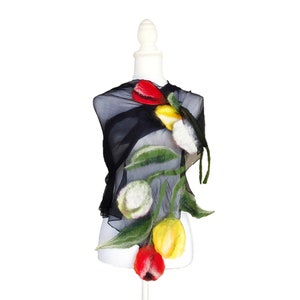 Nuno felt scarf with Tulips, silk and felted wool shawl, scarf with flowers and leaves in nuno felt, chic stole for ceremonies image 10