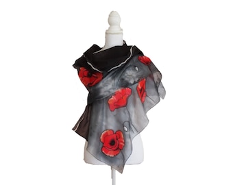 Red and black silk scarf with hand-painted poppies, silk foulard, elegant scarf, ceremonial silk stole. Customizable scarf