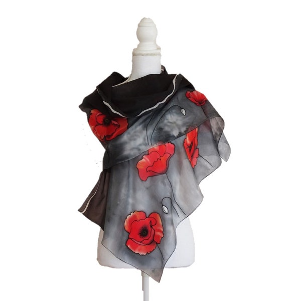 Red and black silk scarf with hand-painted poppies, silk foulard, elegant scarf, ceremonial silk stole. Customizable scarf