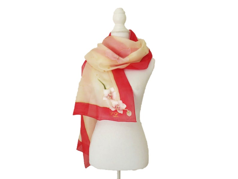 Hand-painted silk scarf with white orchids image 1