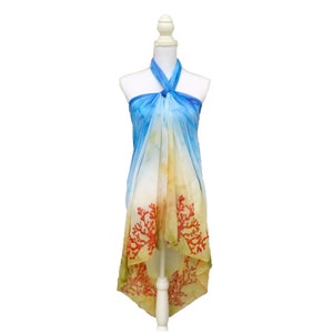 Hand-painted blue beach sarong, sarong with corals and seabed, shawl sarong, scarf sarong, beach sarong, beachwear, polyester