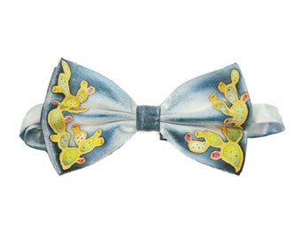 Sicilian bow tie for men in blue and green with hand-painted prickly pear