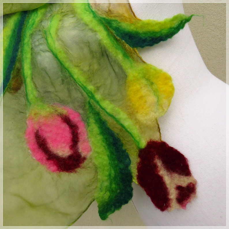 Nuno felt scarf with Tulips, silk and felted wool shawl, scarf with flowers and leaves in nuno felt, chic stole for ceremonies image 6