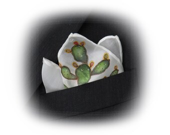 Pocket handkerchief for men in white silk with hand painted prickly pears, Sicilian style wedding