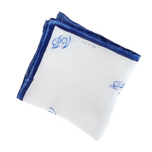 Pocket square for men customizable with initials, hand-painted white and blue silk pocket square