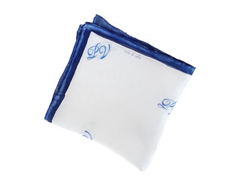 Pocket square for men customizable with initials, hand-painted white and blue silk pocket square