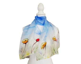 Regalo de graduación personalizado, bufanda de seda azul pintada a mano con amapolas amarillas, bufanda de flores amarillas