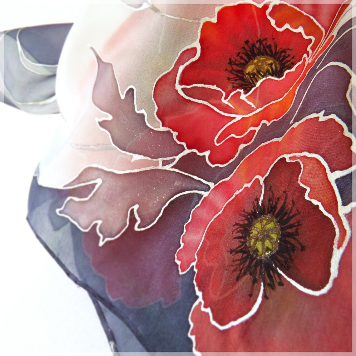 Sciarpa Vintage Con Fiori Di Papavero Di Marc Laury Paris: Poliestere Rosso, Nero E Bianco - Italia - Foto 9