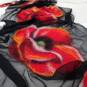 Nuno felted scarf with poppies, felted silk and wool shawl for women, nuno felted flower scarf, felted scarf image 2