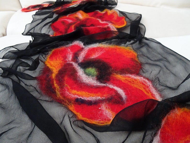 Nuno felted scarf with poppies, felted silk and wool shawl for women, nuno felted flower scarf, felted scarf image 2