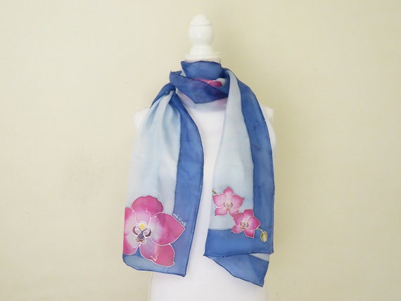 Bufanda de seda pintada a mano azul con orquídeas rosas Etsy España