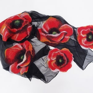 Nuno felted scarf with poppies, felted silk and wool shawl for women, nuno felted flower scarf, felted scarf image 4