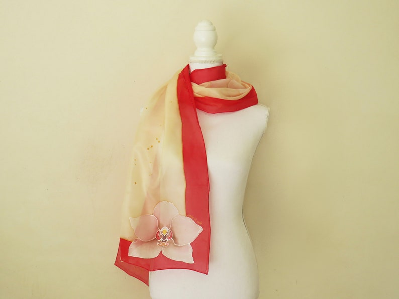 Hand-painted silk scarf with white orchids image 5