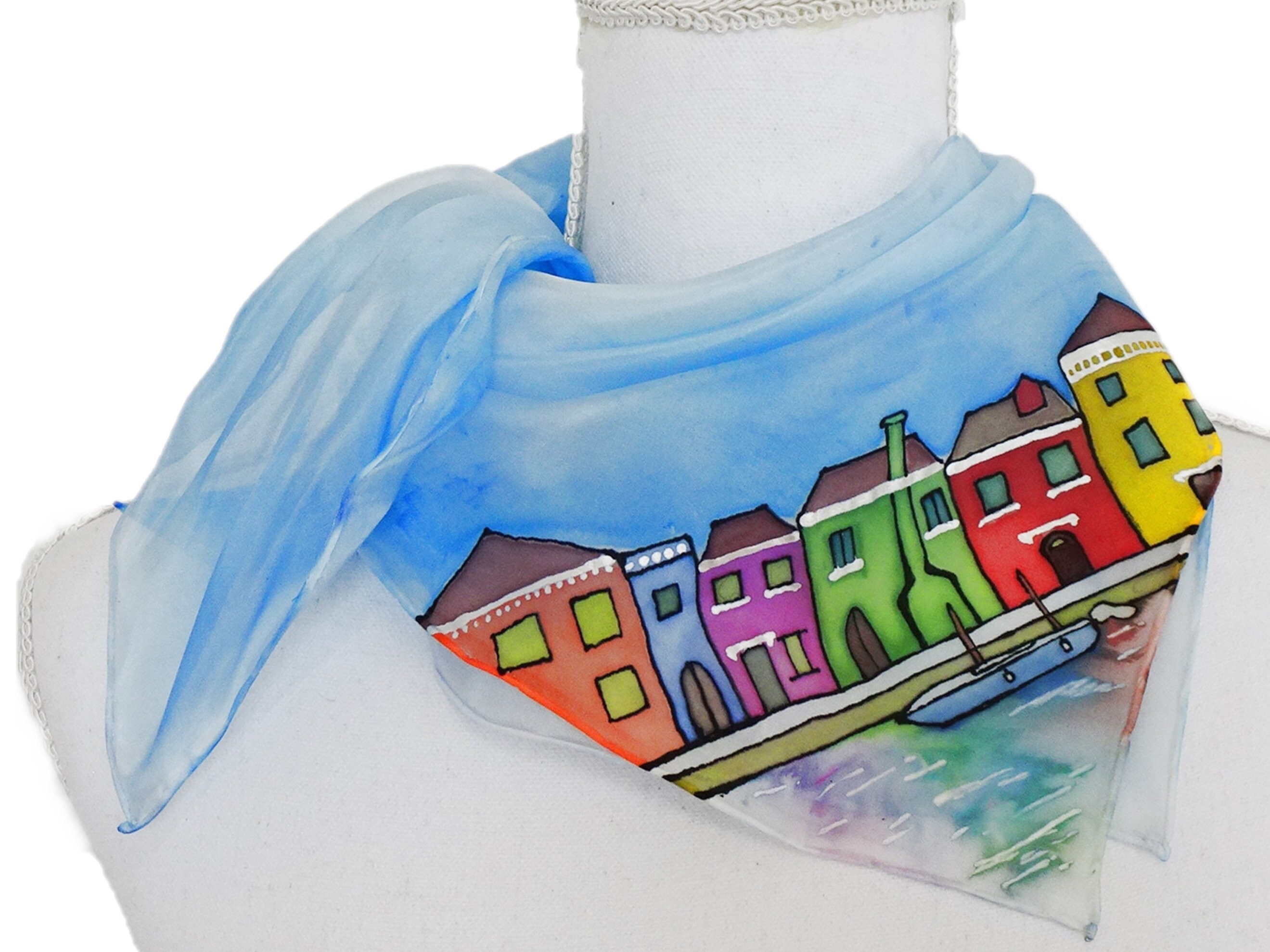 Made in Italy in limited numbers. reproducing the watercolour “Venice View of Church of La Salute” painted by the artist Nicola Tenderini Woman Scarf 100% pure silk 