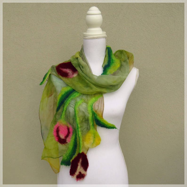 Nuno felt scarf with Tulips, silk and felted wool shawl, scarf with flowers and leaves in nuno felt, chic stole for ceremonies image 2