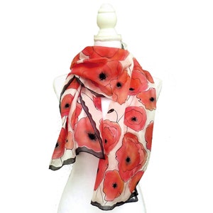 Hand painted red poppy silk scarf