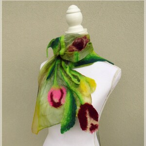 Nuno felt scarf with Tulips, silk and felted wool shawl, scarf with flowers and leaves in nuno felt, chic stole for ceremonies image 5