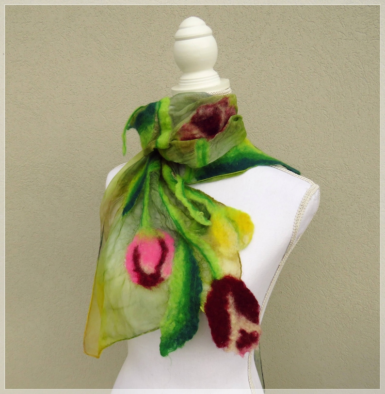 Nuno felt scarf with Tulips, silk and felted wool shawl, scarf with flowers and leaves in nuno felt, chic stole for ceremonies image 5