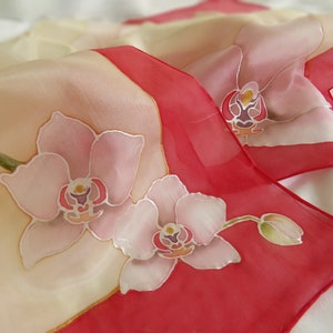 Hand-painted silk scarf with white orchids image 2