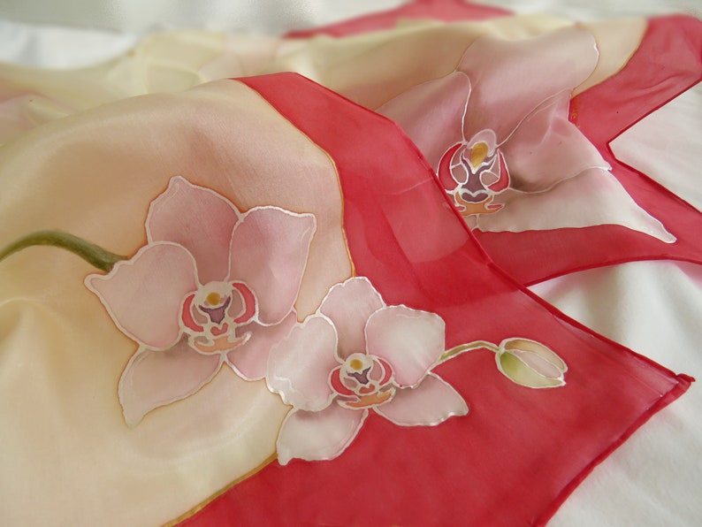 Hand-painted silk scarf with white orchids image 2