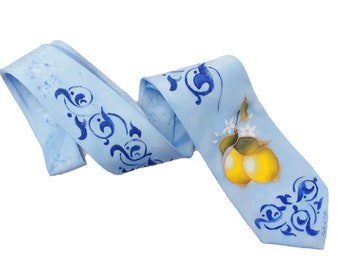Personalized blue silk tie for men with lemons, hand painted silk, Sicilian wedding, Sicilian craftsmanship, Sicilian art