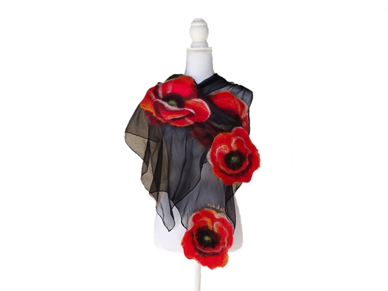 Nuno felted scarf with poppies, felted silk and wool shawl for women, nuno felted flower scarf, felted scarf image 1