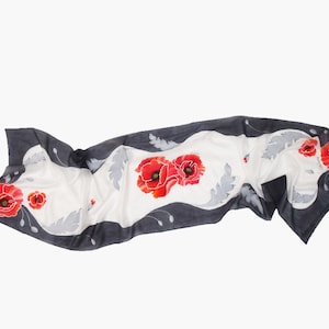 Long silk scarf with red poppies hand painted, silk foulard, elegant stole, silk stole, ceremony stole. Personalized scarf