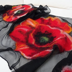 Nuno felted scarf with poppies, felted silk and wool shawl for women, nuno felted flower scarf, felted scarf image 8