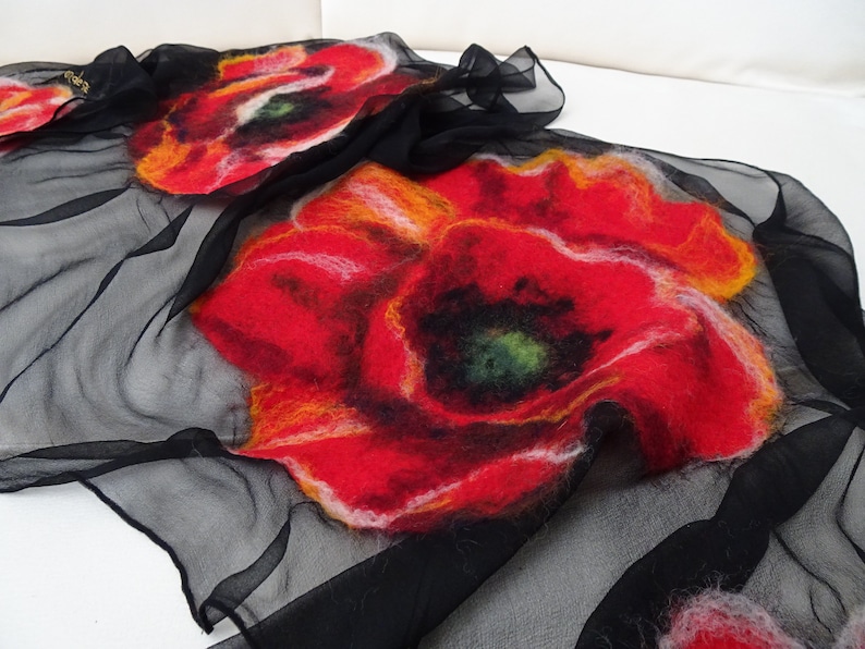 Nuno felted scarf with poppies, felted silk and wool shawl for women, nuno felted flower scarf, felted scarf image 8