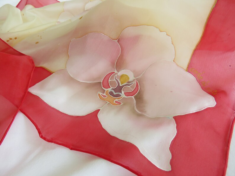 Hand-painted silk scarf with white orchids image 3