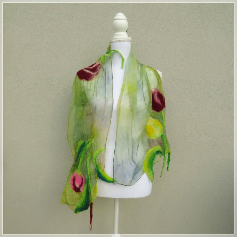 Nuno felt scarf with Tulips, silk and felted wool shawl, scarf with flowers and leaves in nuno felt, chic stole for ceremonies image 4