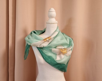 Green square silk scarf hand painted with white orchids. Personalized scarf. Personalized gifts.