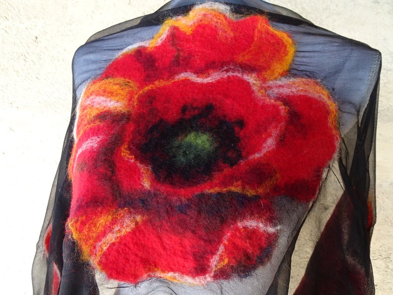 Nuno felted scarf with poppies, felted silk and wool shawl for women, nuno felted flower scarf, felted scarf image 5
