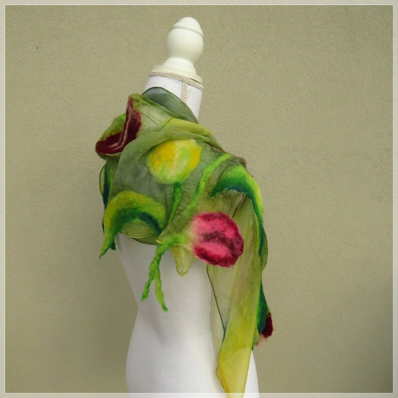 Nuno felt scarf with Tulips, silk and felted wool shawl, scarf with flowers and leaves in nuno felt, chic stole for ceremonies image 9