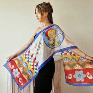 Siciliaanse outfit, Siciliaanse marionettensjaal en Siciliaanse kar, handgeschilderde zijden sjaal, Siciliaanse jurk, Siciliaanse bruiloft, Siciliaanse geschenken