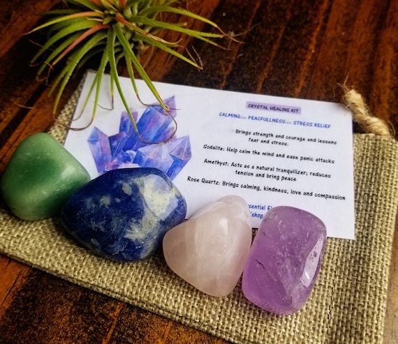 Calming Crystal Kit with chart and pouch - Healing Gemstone Set - 4 Tumbled  Stone Crystal Healing Set - Relieve stress and anxiety