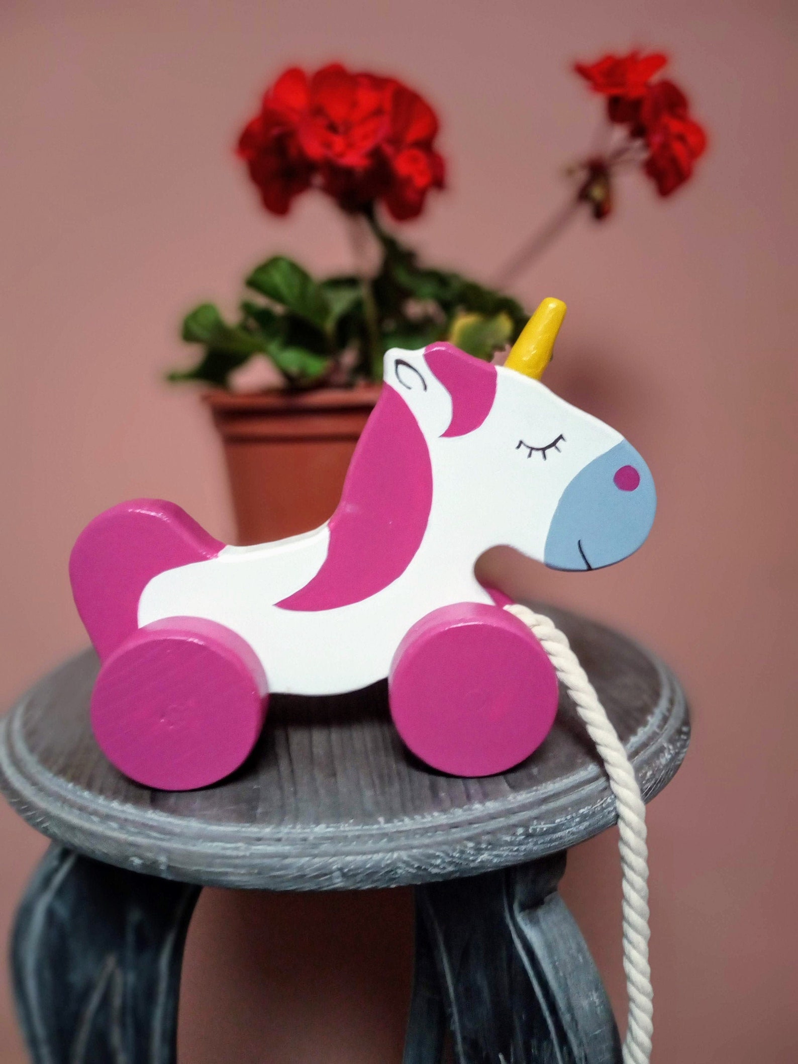 Pull Along Unicorn, Handmade Wooden Toy. Classic Gift for a Baby Girl