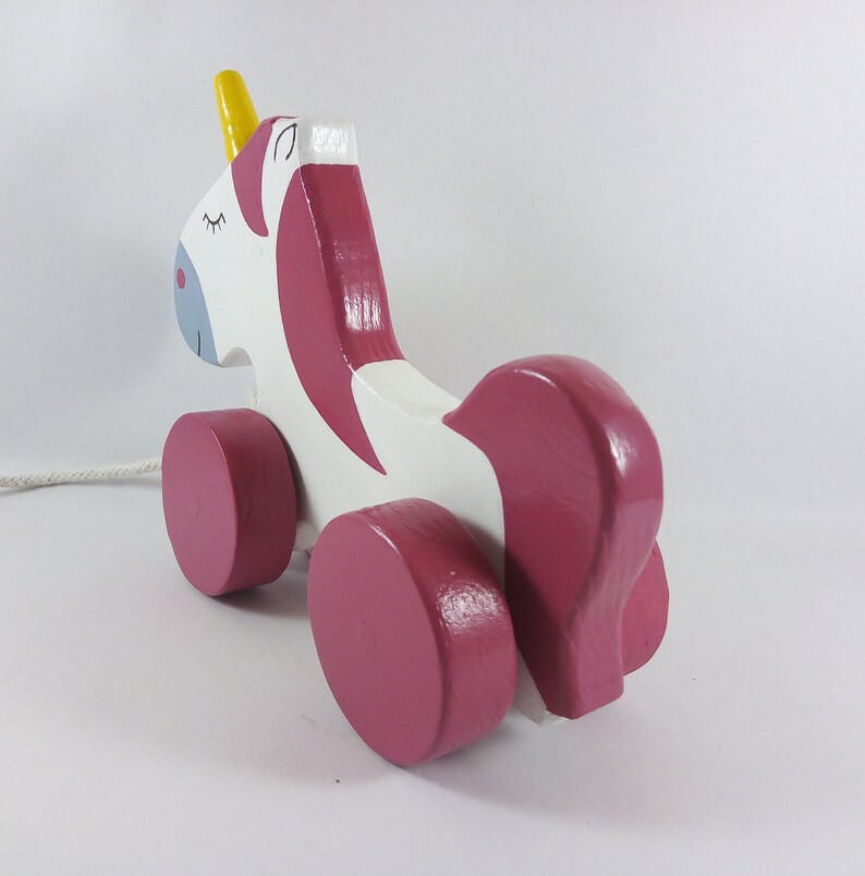 Pull Along Unicorn, Handmade Wooden Toy. Classic Gift for a Baby Girl