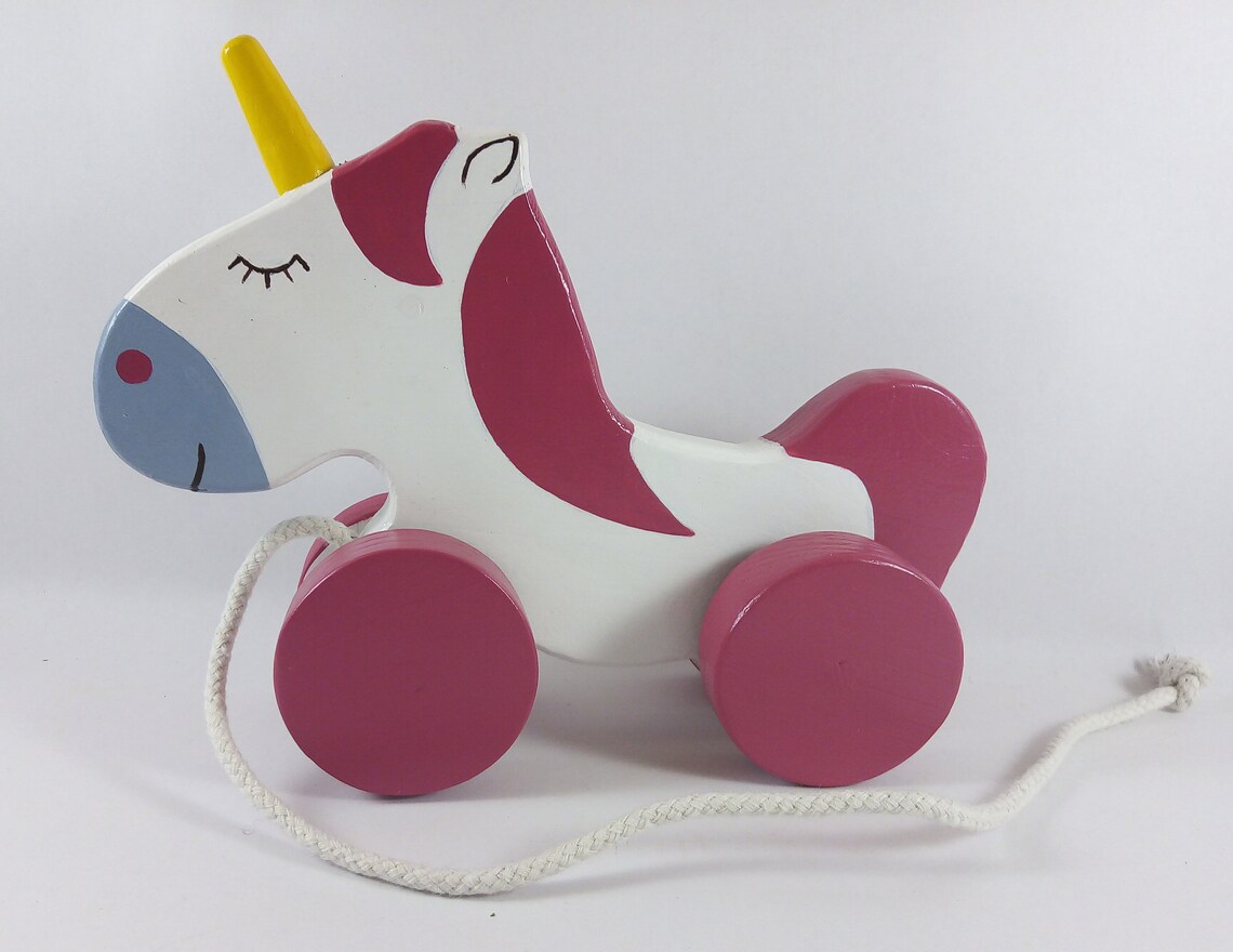 Pull Along Unicorn, Handmade Wooden Toy. Classic Gift for a Baby Girl