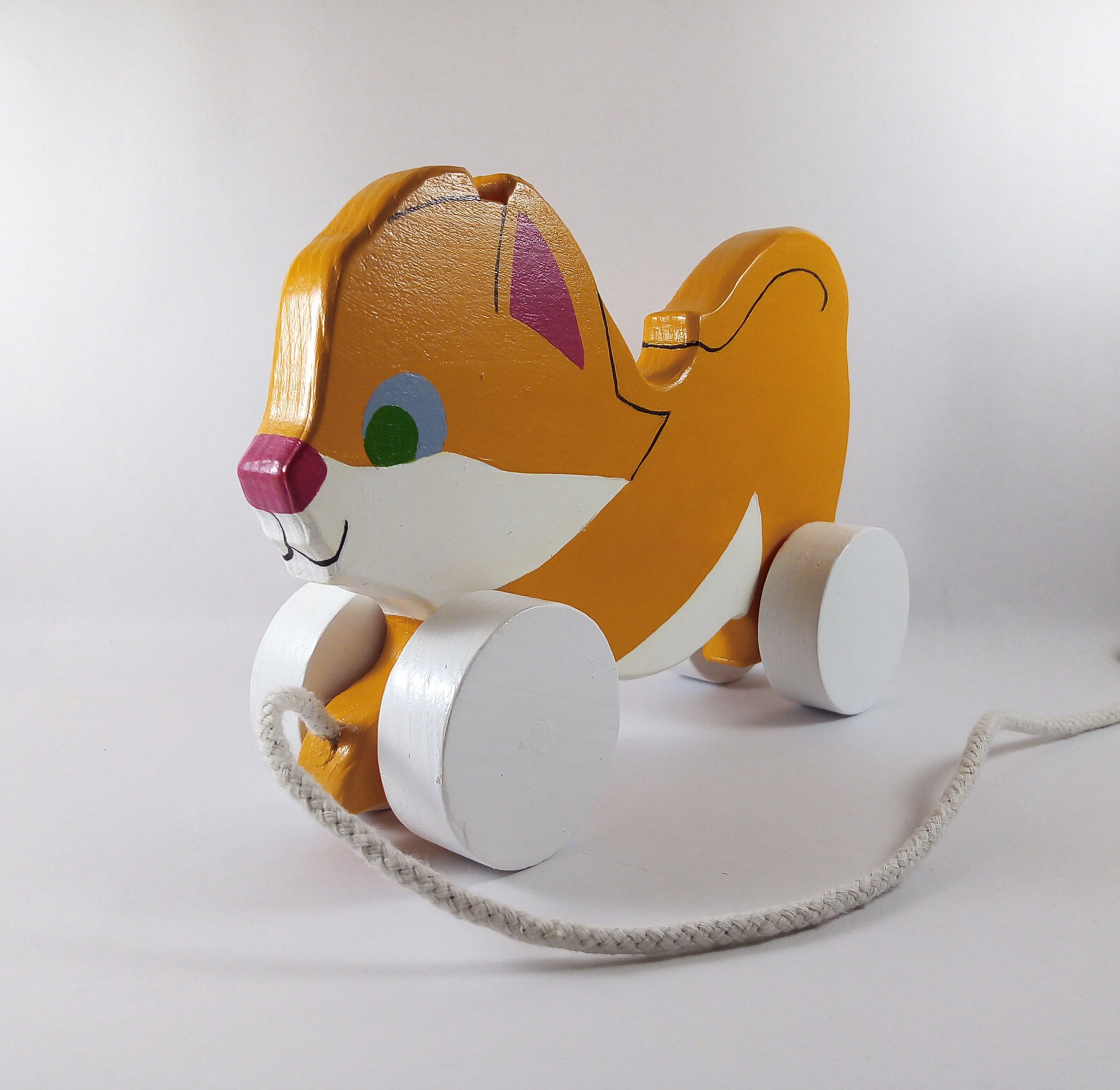 Pull Along Kitten Ginger Cat a classic wooden toy. Handmade Etsy