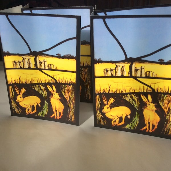 Spring Hares at Stonehenge Greetings Cards, Standing Stones by Clare Maryan Green Stained Glass Artist