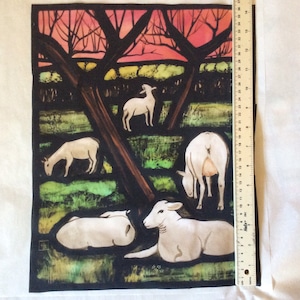 Tessuto di cotone Orchard Sunset Sheep, animali da fattoria