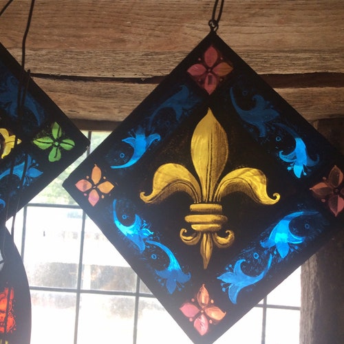 Fleur de Lis Stained shops Glass Window Decor with pink