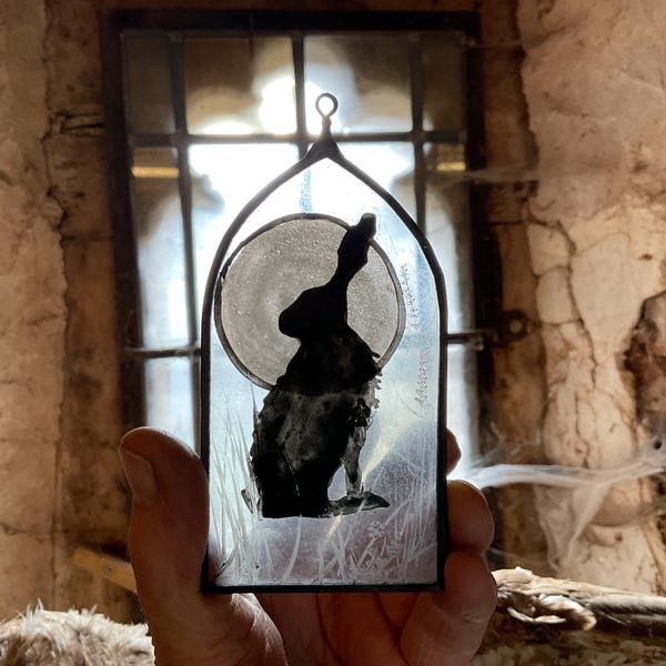 Hase und Mond, kleine Wanddekoration aus Buntglas