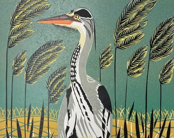 Heron Estuary Wildlife Bird Multi Block Linocut Print in Green and Yellow