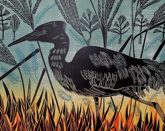 Winter Evening Egret Linocut Woodcut & Screen Print