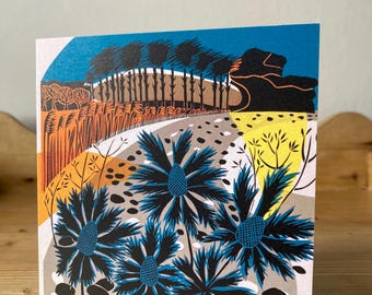 Blank Greeting Card 'Budleigh Beach III' Original Linocut Design Digital Print Card Coastal Image