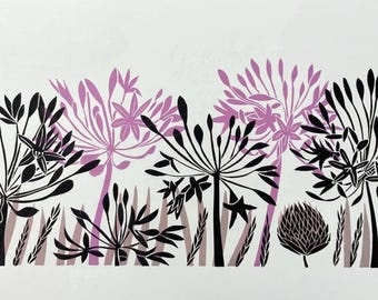 Agapanthus Contemporary Linocut Print Limited Edition Print. Pink Mauve and Black Colours. Coastal Flowers.