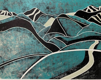 Alps Woodcut Print: Abstracted Mountain Landscape, Teal Blue and Black