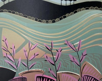 Riverwalk Autumn Linocut with Pink Foliage Black hill side